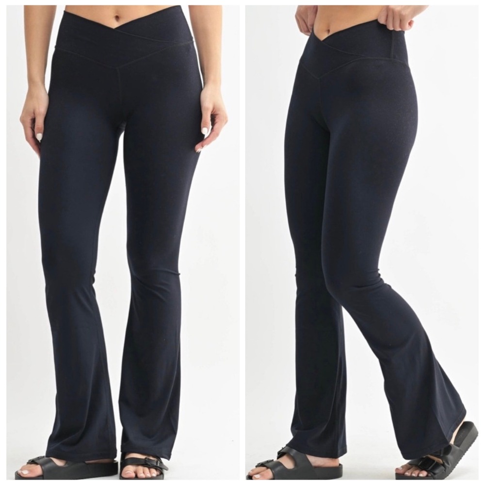 NWT Mono B Flare Yoga Pants Womens S‎ Black Crossover V-Waist Athleisure Active